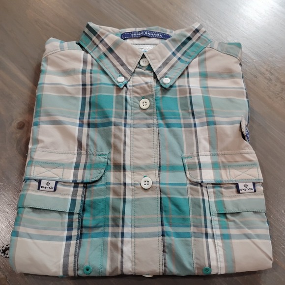 Columbia PFG Shirt Mens L Green Tan Plaid Super Bahama Omni Shade Long Sleeve - Picture 13 of 13